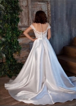 2022 Lace Satin Wedding Gown with Illusion Capped Sleeves