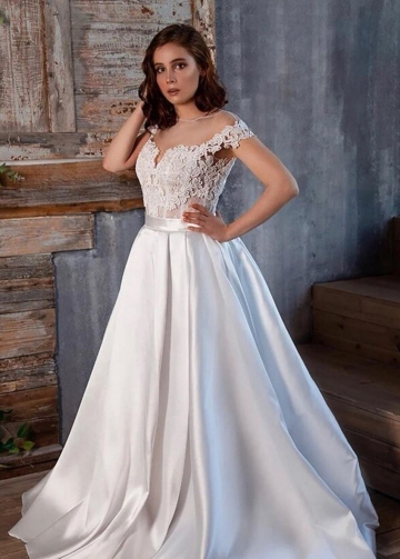 2022 Lace Satin Wedding Gown with Illusion Capped Sleeves