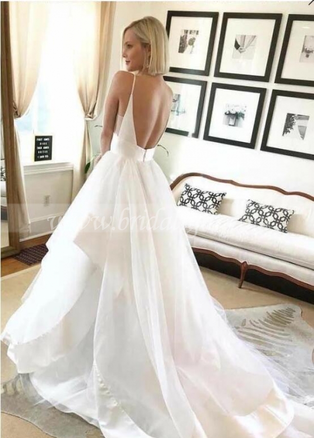 Satin Ribbon Tulle Wedding Gown with V-neckline