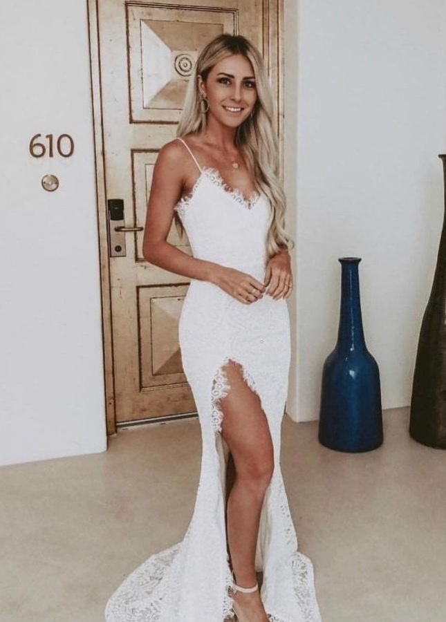 2023 Boho Lace Wedding Gown with High Leg Slit