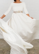 3/4 Sleeves Satin Wedding Dresses with Beaded Crystals Belt
