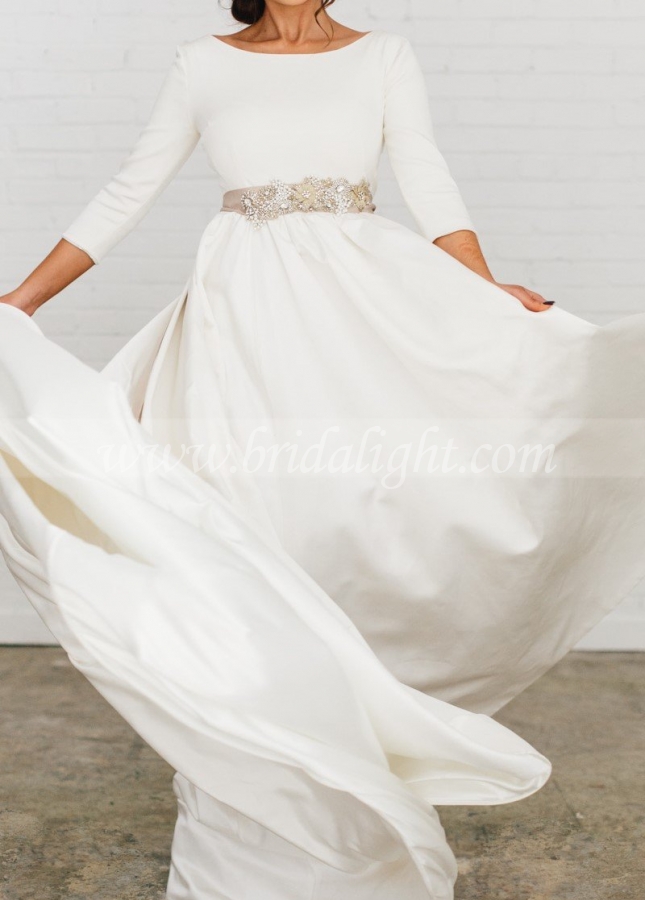 3/4 Sleeves Satin Wedding Dresses with Beaded Crystals Belt