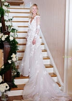 3D Floral Lace Long Sleeves Bridal Gown with V-neckline