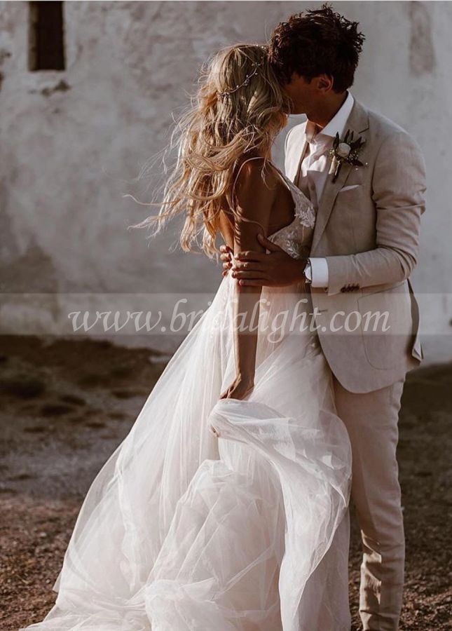 Deep V Neck Bohemian A Line Lace Appliques Wedding Dress With Nude Lining