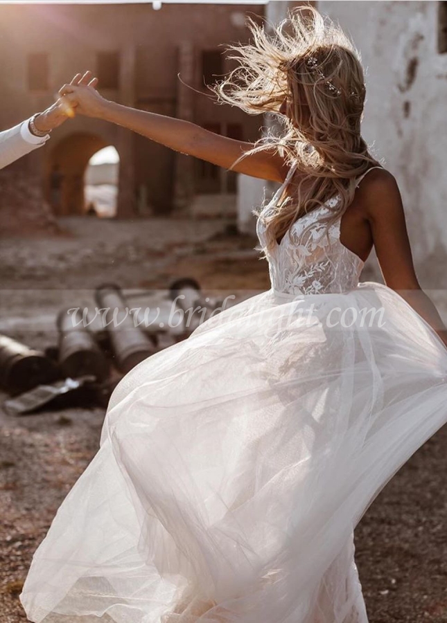 Deep V Neck Bohemian A Line Lace Appliques Wedding Dress With Nude Lining
