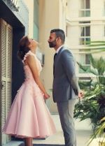 A-line Tea-length Pink Wedding Dresses with 3D Flowers
