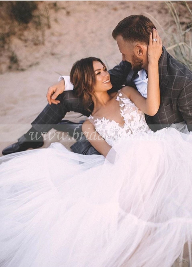 A Line Bohemian Tulle Wedding Dresses With Lace Appliques
