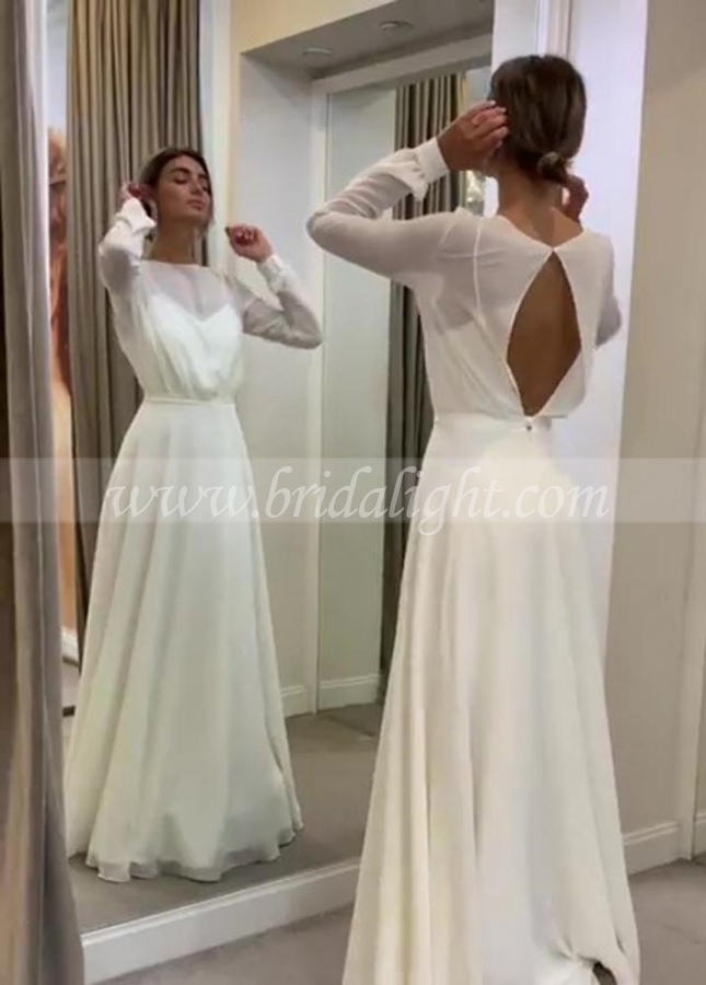 Bohemian Simple Long Sleeves Wedding Dress A Line Open Back Modest