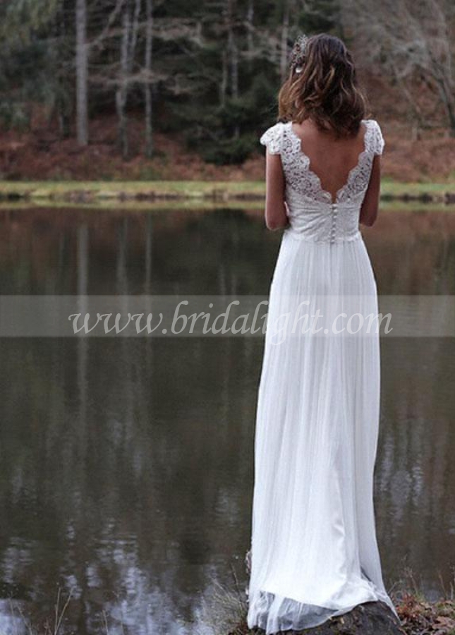 Beach A Line Lace Tulle V Back Wedding Dresses