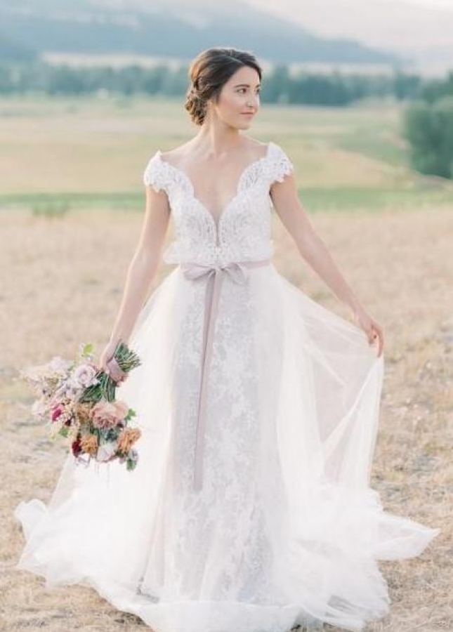 Plunging V-neck Lace Mermaid Wedding Dress with Detachable Train