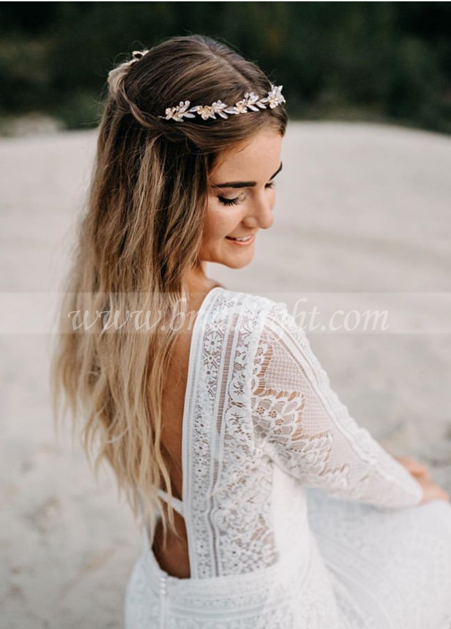 Lace Long Sleeve V-Neck Open back Beach Wedding Bridal Gowns