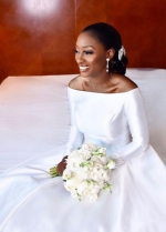 African White Satin Wedding Dress with Long Train