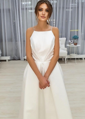 A-line Simple Open Back Tea Length Wedding Dress with Pockets