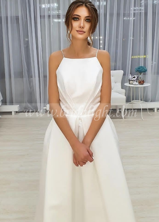 A-line Simple Open Back Tea Length Wedding Dress with Pockets