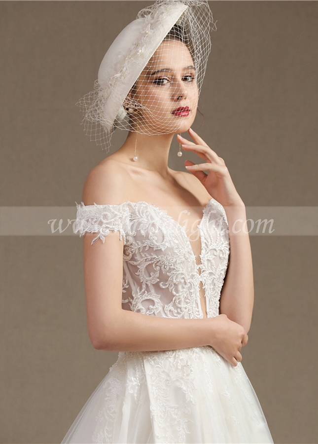 A-line Off the Shoulder Sweet Bride Wedding Dress with Slit