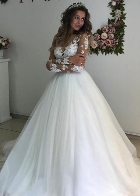 Appliques Illusion Long Sleeves Wedding Dresses Tulle Skirt