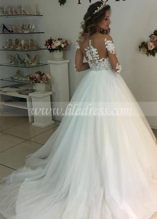 Appliques Illusion Long Sleeves Wedding Dresses Tulle Skirt