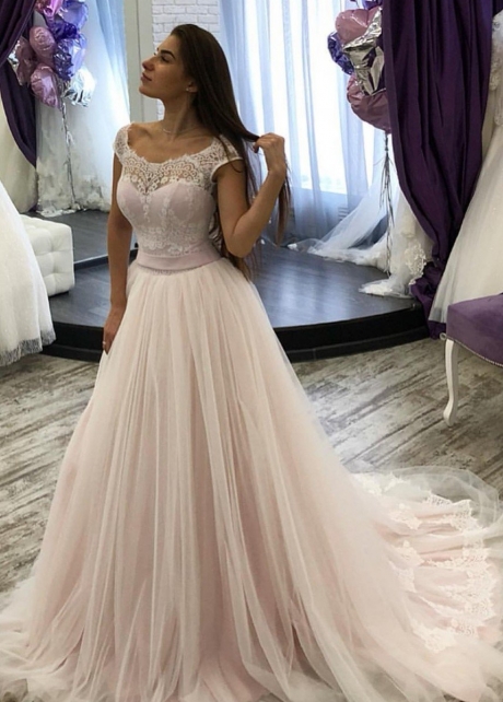 A-line Tulle Blush Pink Wedding Dress Lace Capped Sleeves