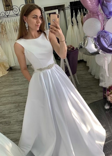 A-line Satin Simple Wedding Dress with Rhinestones Belt