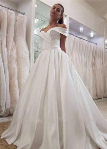 A-line Satin Wedding Dress with Fold Off-the-shoulder
