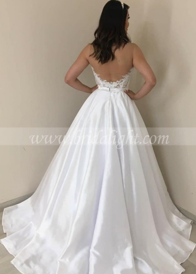 A-line Satin Bride Wedding Dresses with Appliques Strapless Bodice