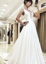 A-line Satin Bridal Dresses with V-neckline Illusion Insert