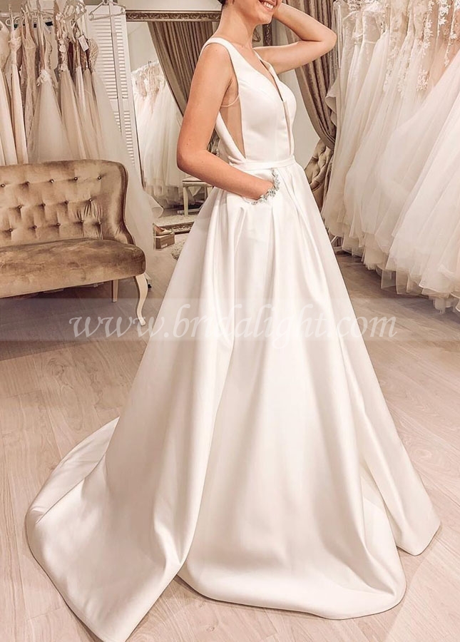 A-line Satin Bridal Dresses with Pockets