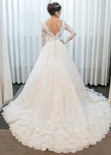 A-line Lace Long Sleeves Wedding Dress Chapel Train