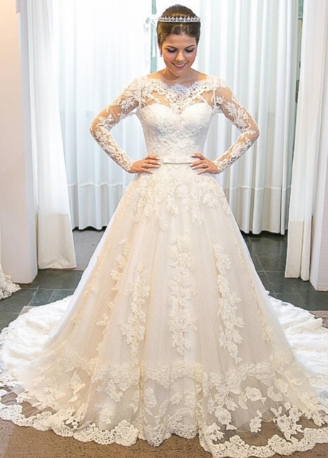 A-line Lace Long Sleeves Wedding Dress Chapel Train