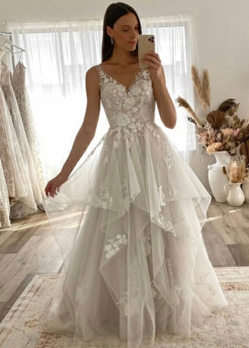 A-line V-neck Nude Lining Wedding Dress with Lace Appliques