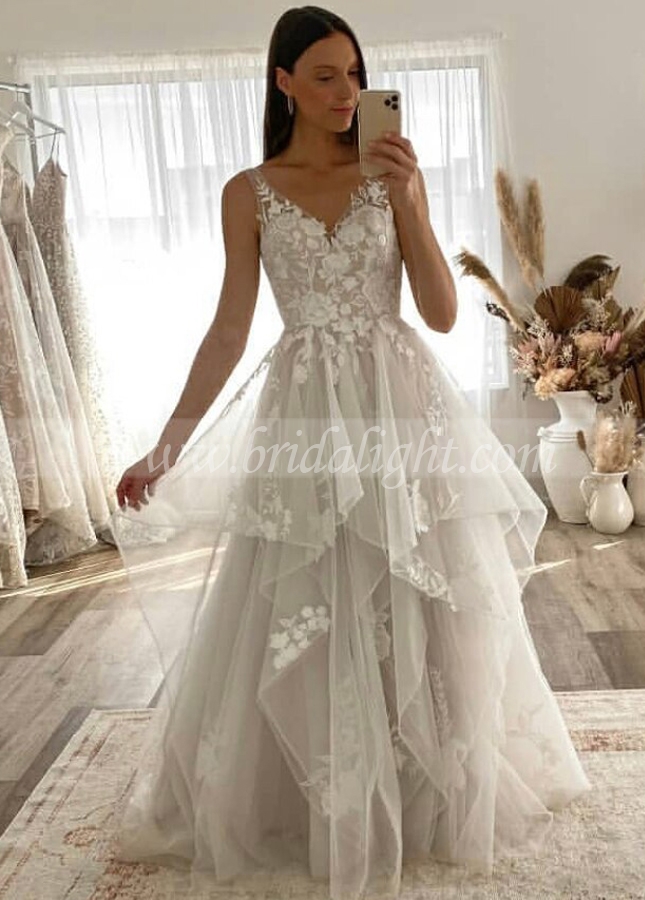 A-line V-neck Nude Lining Wedding Dress with Lace Appliques