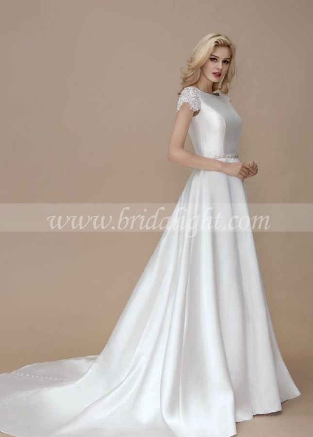 A-line Satin Formal Wedding Gown with Lace Sleeves