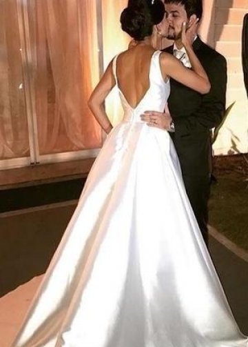 A-line Satin White Wedding Dresses with Bow Sash vestido de novia