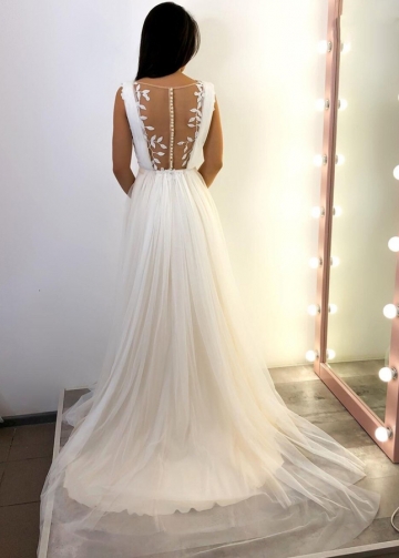 A-line Simple Tulle Wedding Gown with Slit