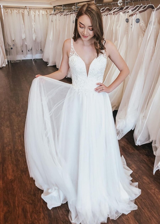 A-line Spaghetti Straps Lace Tulle Wedding Dress Open Back
