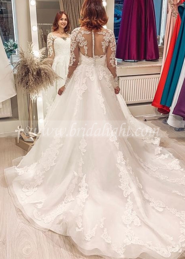 Appliques Long Sleeves A-line Princess Wedding Gown