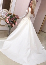 A-line Long Sleeved Satin Ivory Wedding Dress