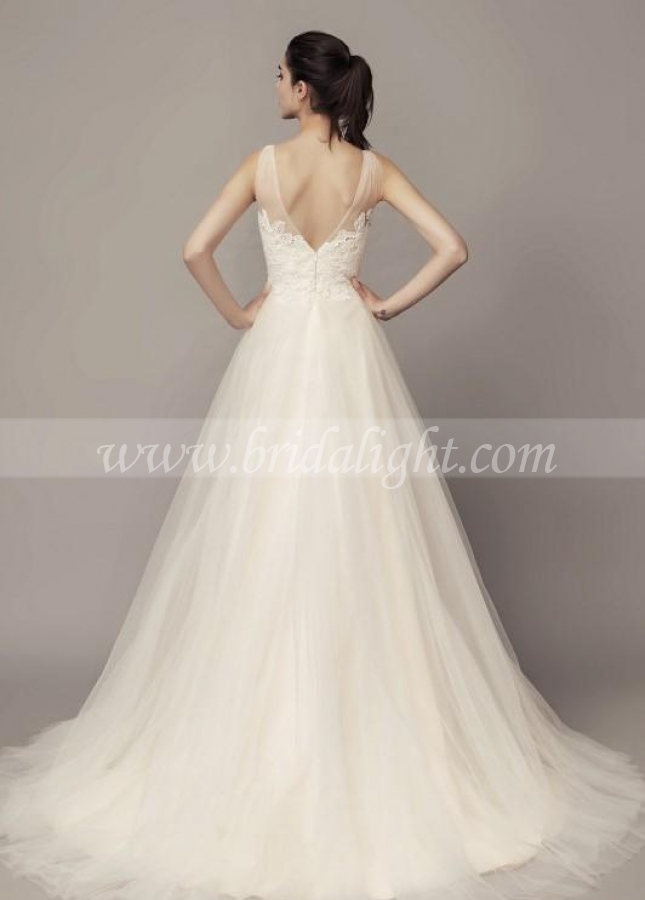 A-line Tulle Beach Wedding Dresses with Lace Bodice