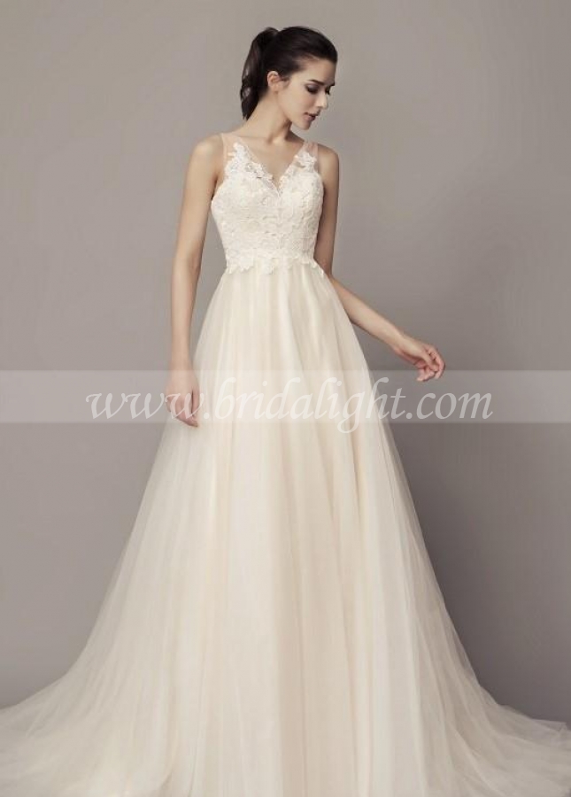 A-line Tulle Beach Wedding Dresses with Lace Bodice