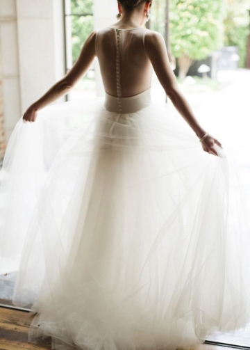 A-line Ivory Simple Bridal Gown Scoop Neck Satin Tulle with Illusion Back