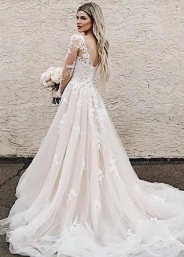 A-line Appliques Champagne Bridal Gown with Sheer Long Sleeves vestido de novia