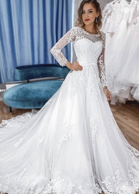A-line Long Sleeves Bridal Dresses Lace Appliques