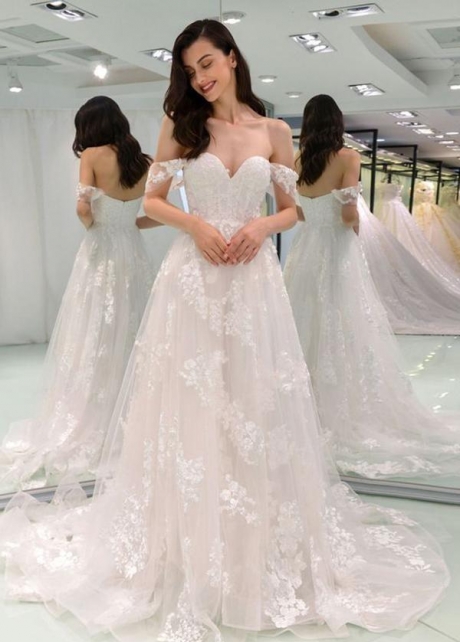 A-line Off-the-shoulder Wedding Dresses Lace Tulle Skirt