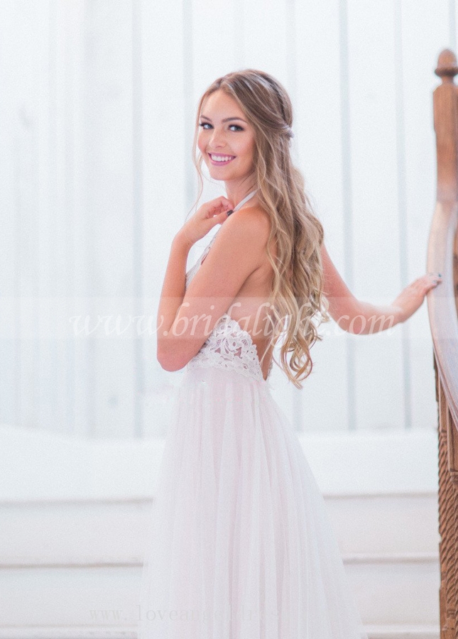 A-line Halter Lace Boho Wedding Dresses with Tulle Skirt