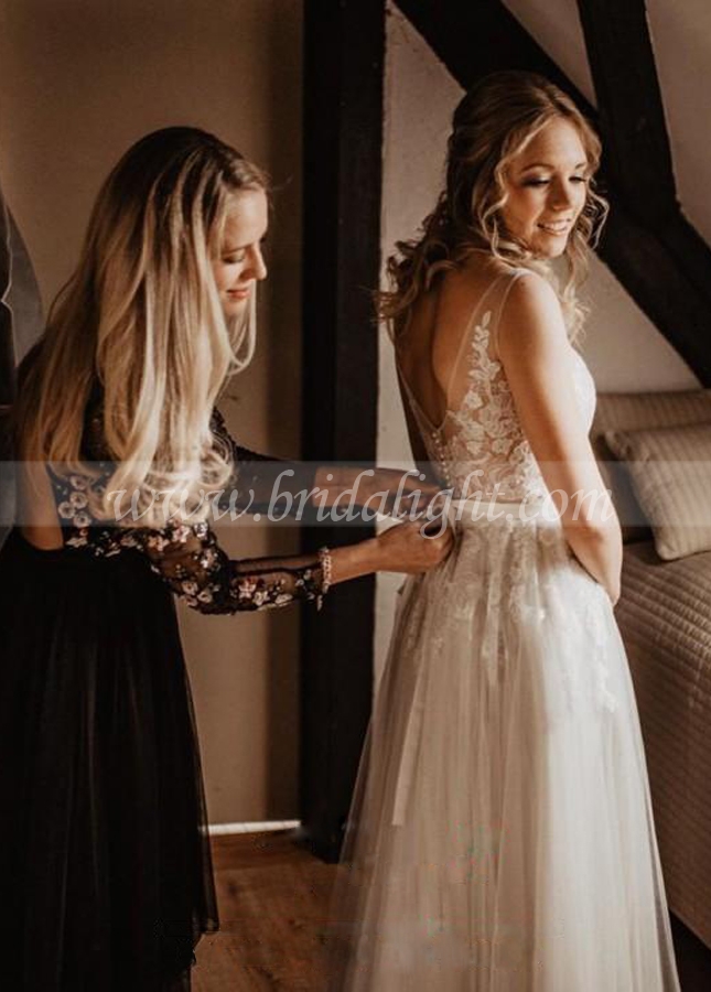 A Line Illusion V Neck Lace Wedding Dresses