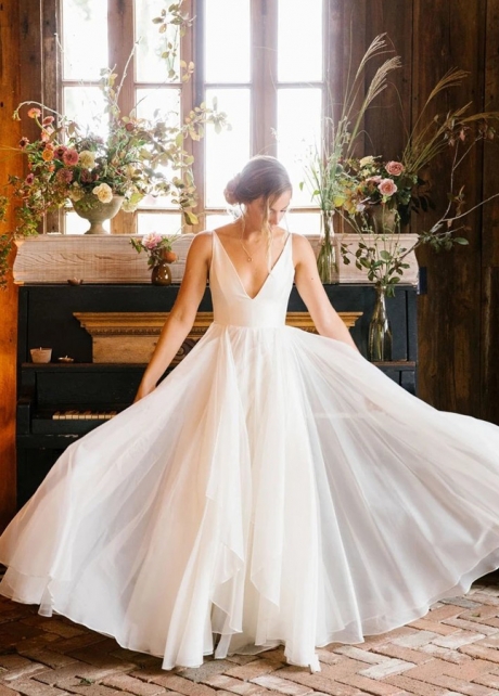 A Line Chiffon Deep V Simple Long Beach Wedding Dress
