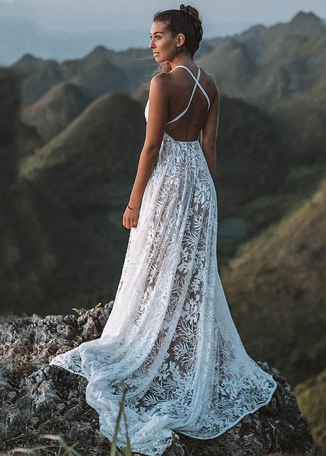 A Line Lace Wedding Dresses Cross Back Unique Fashion Bohemian Wedding Gowns boho Noivas Chic