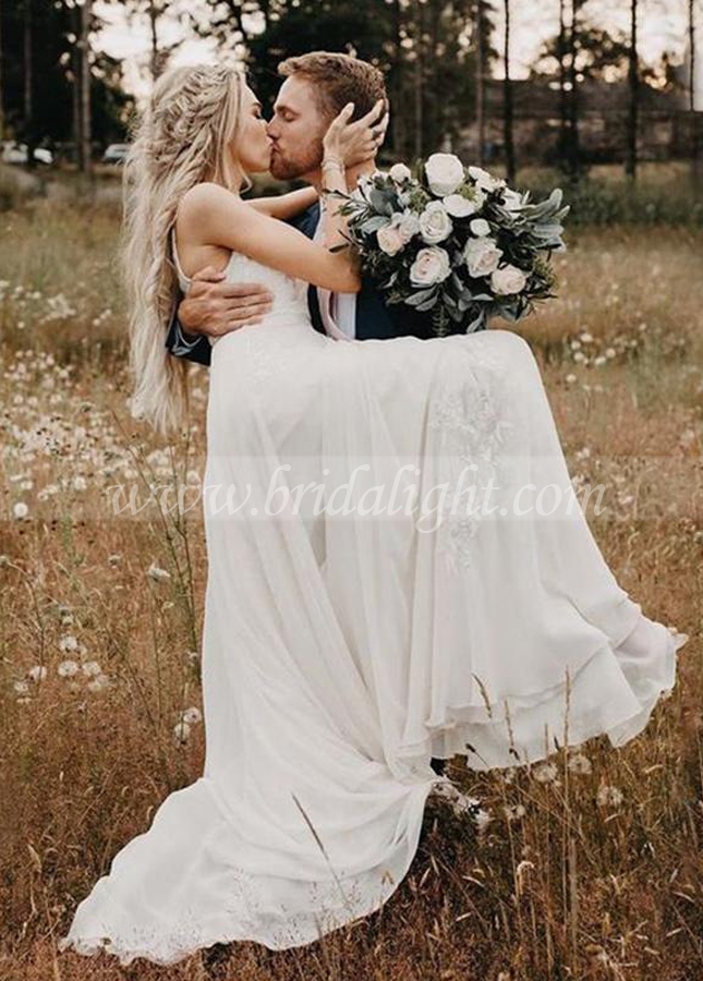 A Line V Neck Long Wedding Dresses Lace Chiffon Bohemian Bridal Gown