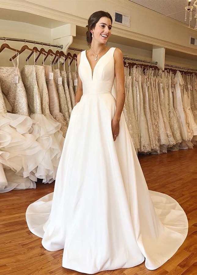 A-line Wedding Dresses Elegant V-neck White Ivory Satin Vestido De Novia