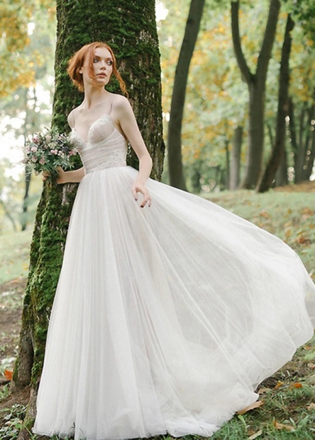 A Line Bohemian Tulle Lace Wedding Dresses Bridal Gowns Beach